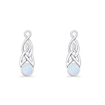 Round Lab Created White Opal Trinity Dangle Fishhook Earring 925 Sterling Silver